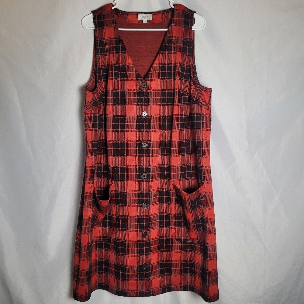 Loft Outlet Red & Black Plaid Holiday Vneck Faux Button Midi Dress Size 16